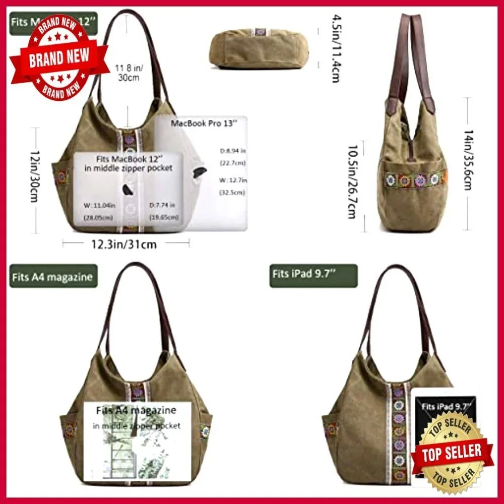 Canvas Hobo Tote Purse with Embroidery Multi Pocket Large Shoulder Bag